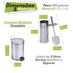 Kit Lixeira Aço Inox e Escova Sanitária com Suporte Pratico - 6
