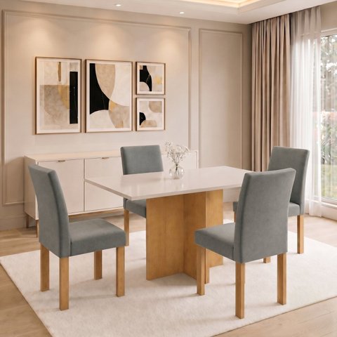 Conjunto de Mesa de Jantar 4 Lugares Carol e Cadeiras Espanha 120x80cm Cinamomo Off White Cinza