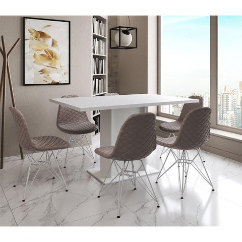 Mesa Jantar Londres Retangular Branca 137x90 6 Cadeiras Estofadas Nude Médio Ferro Branco