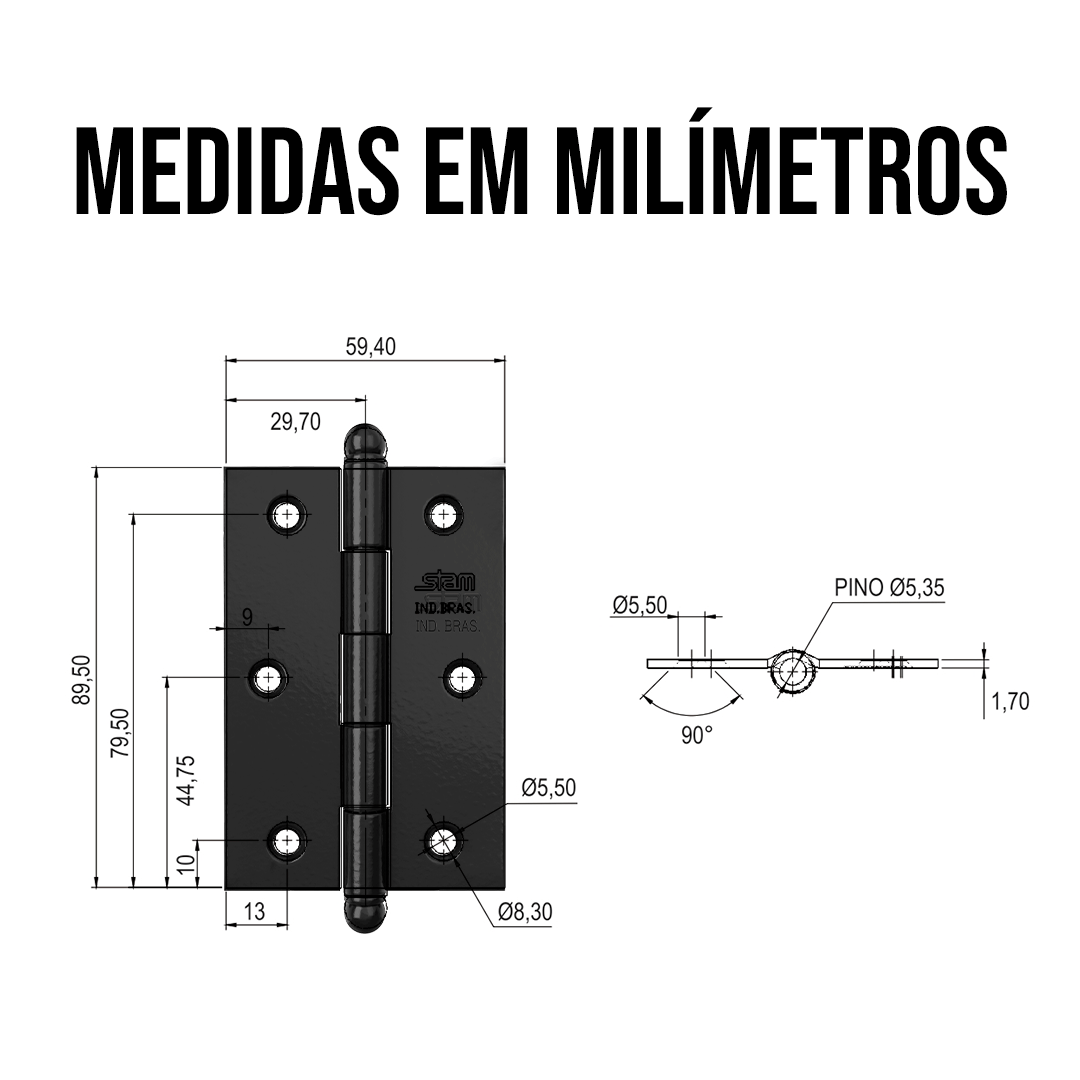 Dobradiça para Porta Madeira Pino Bola 3 Peças Stam Preto Dobradiça 3 1/2 '' X2 5/16 ''x1,7mm Pr Pin - 3