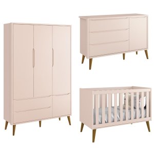 Quarto de Bebê Retrô 3 Portas Rosa Fosco com pé retrô madeira Reller