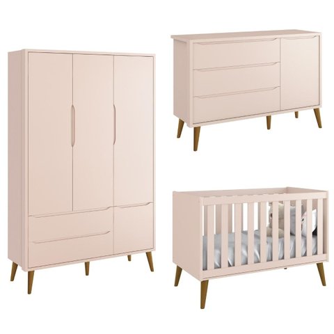 Quarto de Bebê Retrô 3 Portas Rosa Fosco com Pé Retrô Madeira Reller