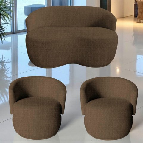 Kit Namoradeira + 2 Poltronas Decorativa Beatriz Orgânica Linho Marrom