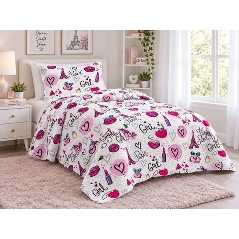 Kit Colcha Infantil Meninas Dupla Face Solteiro 160x240cm - Eiffel