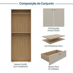 Módulo 70x180 2 Portas 1 Kit Prateleira 3 Gavetas Frame CabeCasa MadeiraMadeira - 3