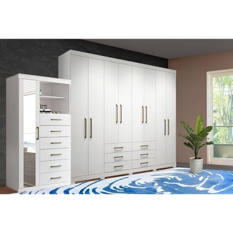 Quarto Completo Casal Guarda Roupa 8PT Master 8.6 + Cômoda Marabá Branco S. Andirá