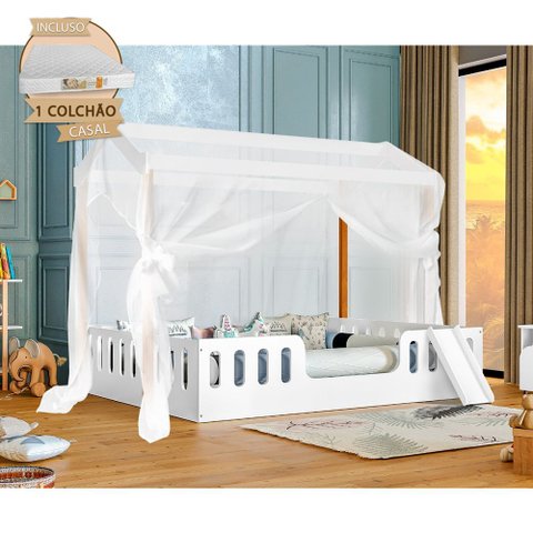 Cama Infantil Casal Ágatha com Kit Escorregador e Voal para Quarto Infantil Seguro - Branco/amêndoa