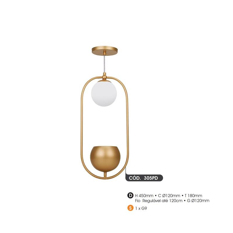 Pendente Decorativo Elipse Dourado para 1 Lâmpada G9 de LED com Globo Branco Fosco com Suporte - 4