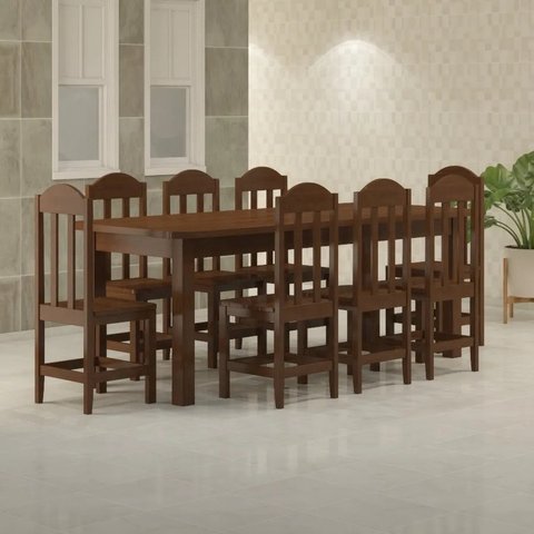 Conjunto Mesa Safira Em Madeira Maciça 220x88 Com 8 Cadeiras Castanho Nemargi