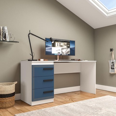 Mesa Escrivaninha Valência Home Office 3 Gavetas 163x77cm Azul/Branco 250693