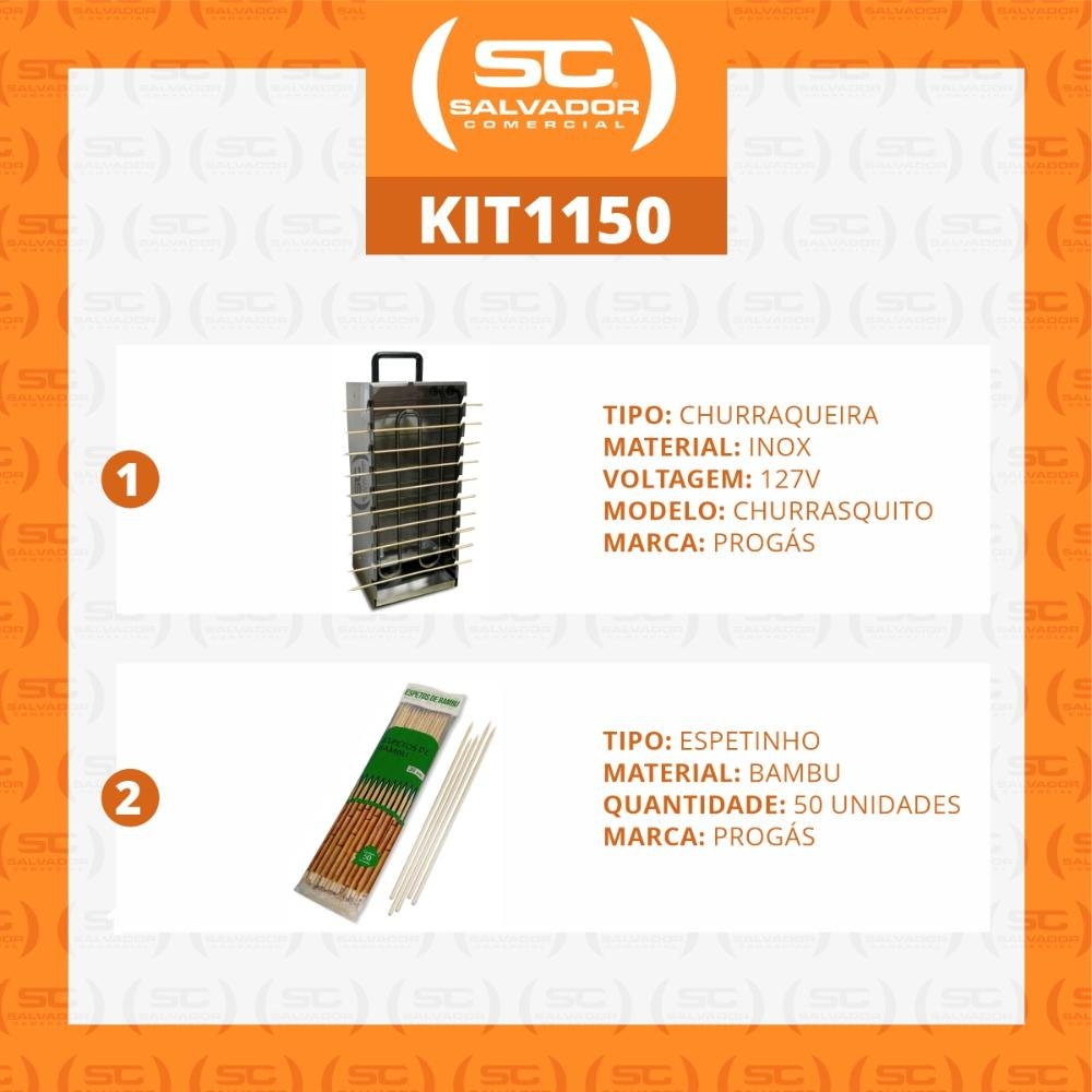 KIT - Churrasqueira 10 Espetinhos Churrasquito Elétrico PR-199E 127V + 100 Espetinhos - Progás - 11