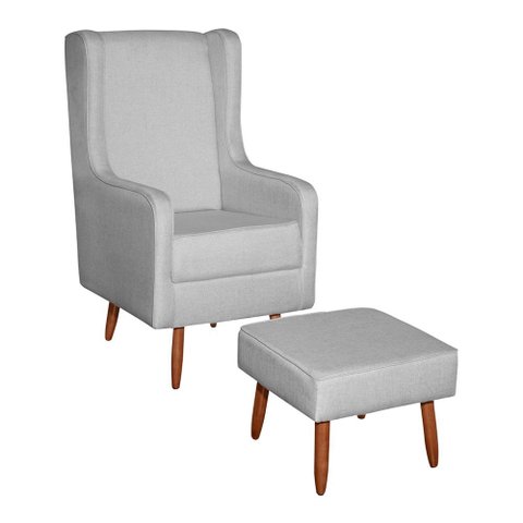 Poltrona de Amamentação e Descanso Renata com Pés Palito e Puff Linho Cinza - Desk Design