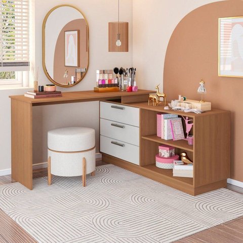 Penteadeira com Cômoda com 3 Gavetas e 2 Nichos American Marrom/Freijó com Branco