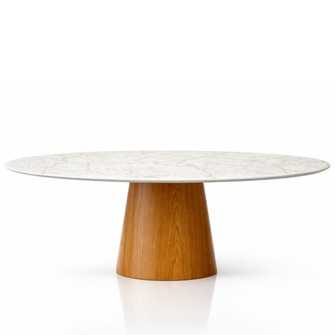 Mesa de Jantar Cone Oval 244x137 Cm Base Madeira Freijó Tampo Calacato Bronzeado