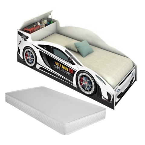 Cama Infantil Carro Baú Quarto Criança Montessoriana Grade Conforto Proteção com Colchão Cor Branco