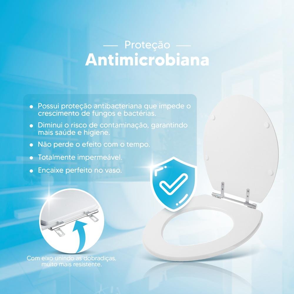 Assento Sanitário Poliéster Antibacteriano Convencional Oval Universal Branco - 3