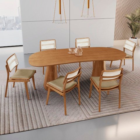 Conjunto Sala de Jantar Mesa Noronha 180cm Tampo Laminado Organico e 6 Cadeiras Eva Premium