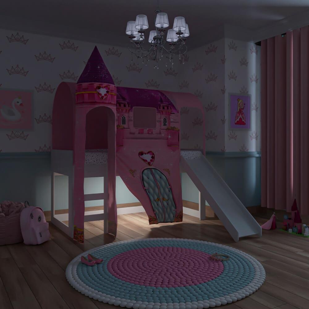 Cama Infantil Alta Joy com Escorregador/Dossel Torre Castelo e Led - Rosa/Branco