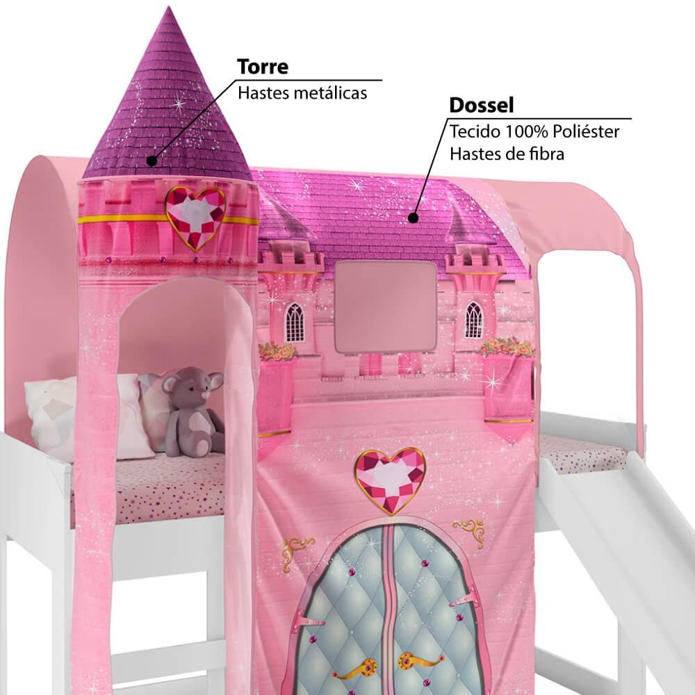 Cama Infantil Alta Joy com Escorregador/Dossel Torre Castelo e Led - Rosa/Branco - 4