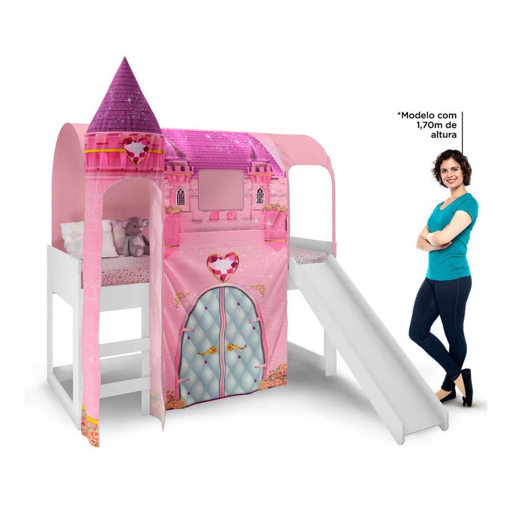 Cama Infantil Alta Joy com Escorregador/Dossel Torre Castelo e Led - Rosa/Branco - 5