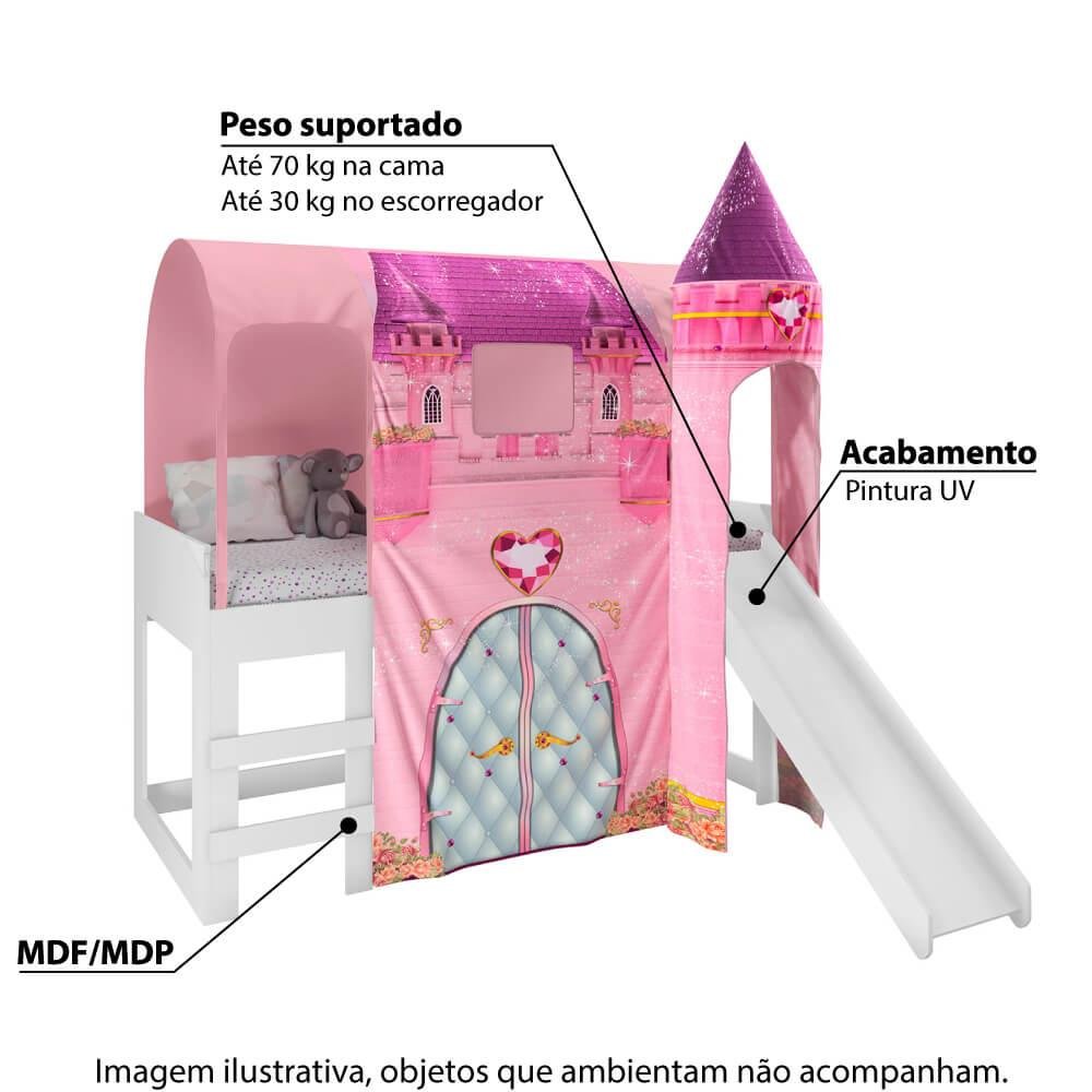 Cama Infantil Alta Joy com Escorregador/Dossel Torre Castelo e Led - Rosa/Branco - 2