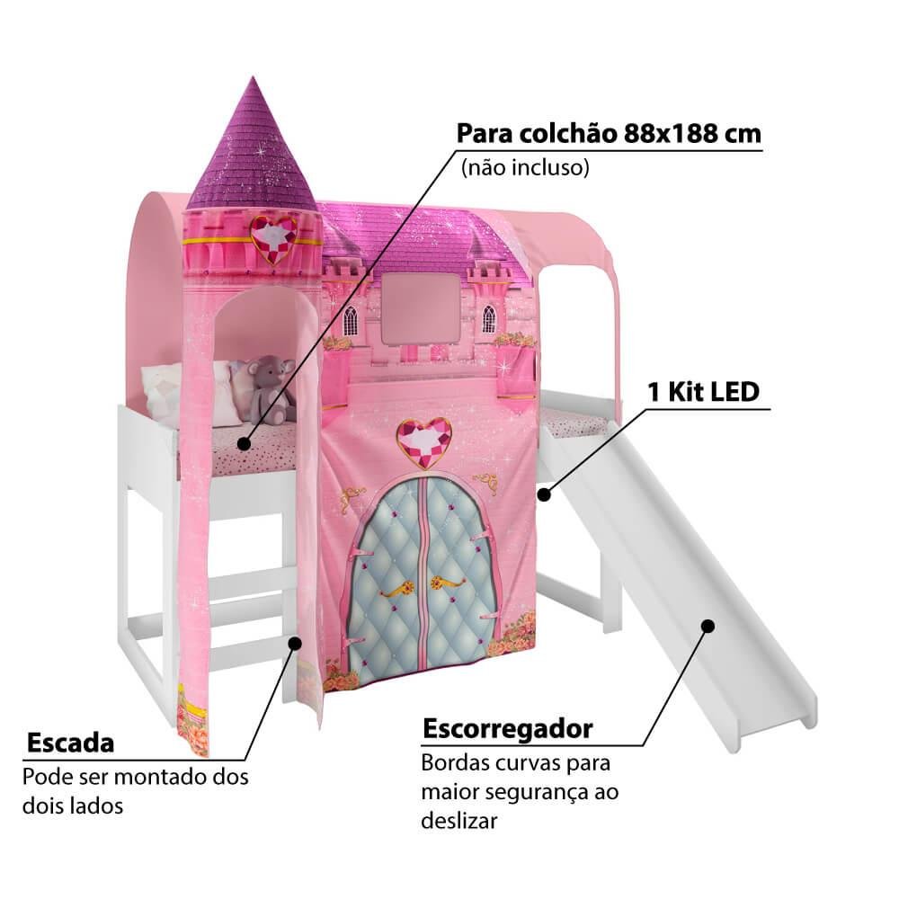 Cama Infantil Alta Joy com Escorregador/Dossel Torre Castelo e Led - Rosa/Branco - 3