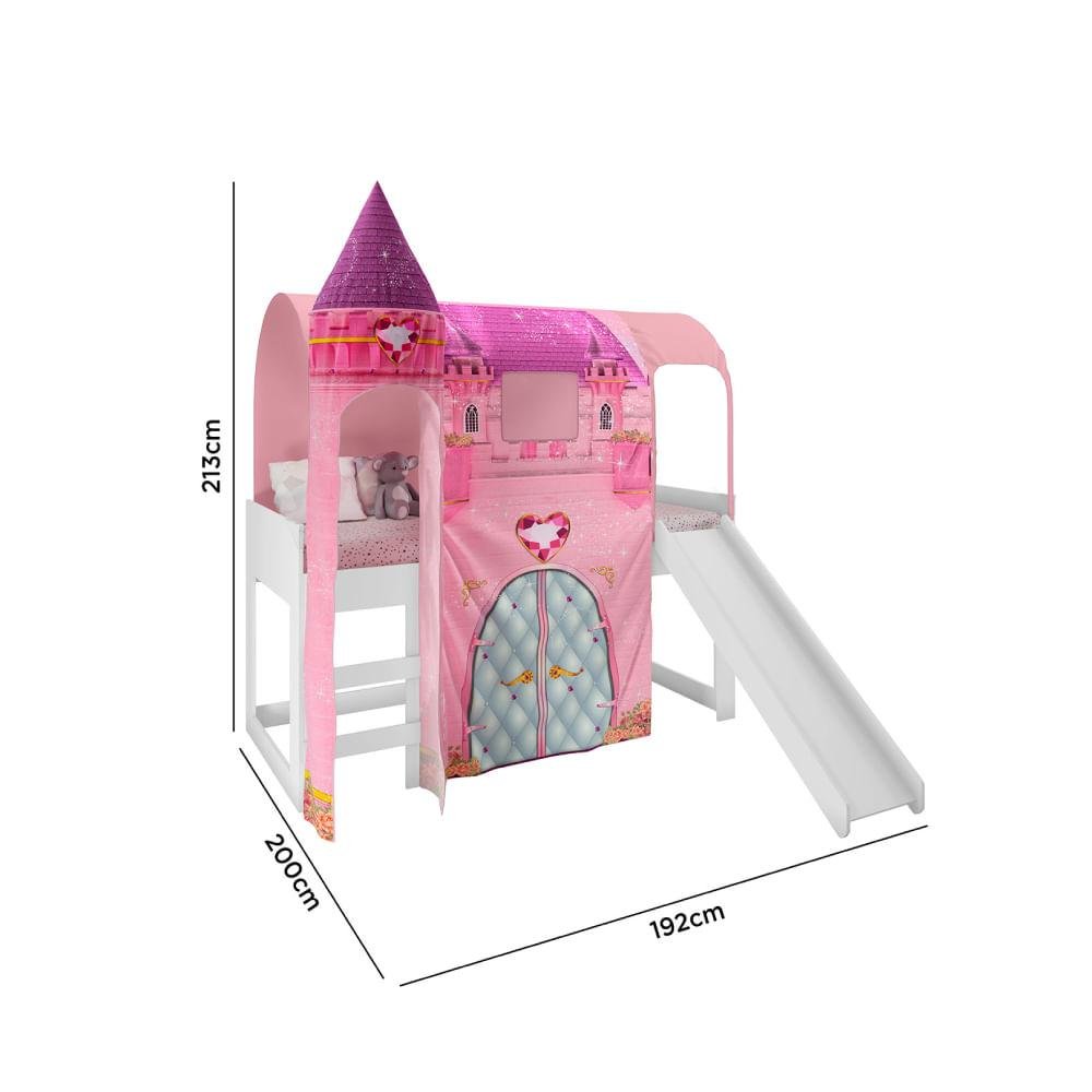 Cama Infantil Alta Joy com Escorregador/Dossel Torre Castelo e Led - Rosa/Branco - 6