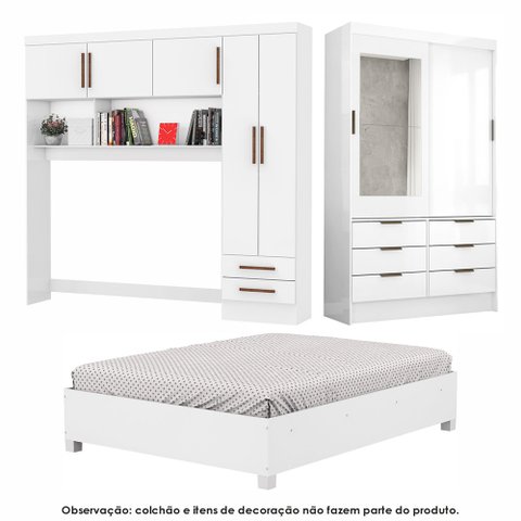 Guarda Roupa Casal Modulado Sevilha 5 e 2 Portas 8 Gavetas com Espelho e Cama Casal Carioca Móveis