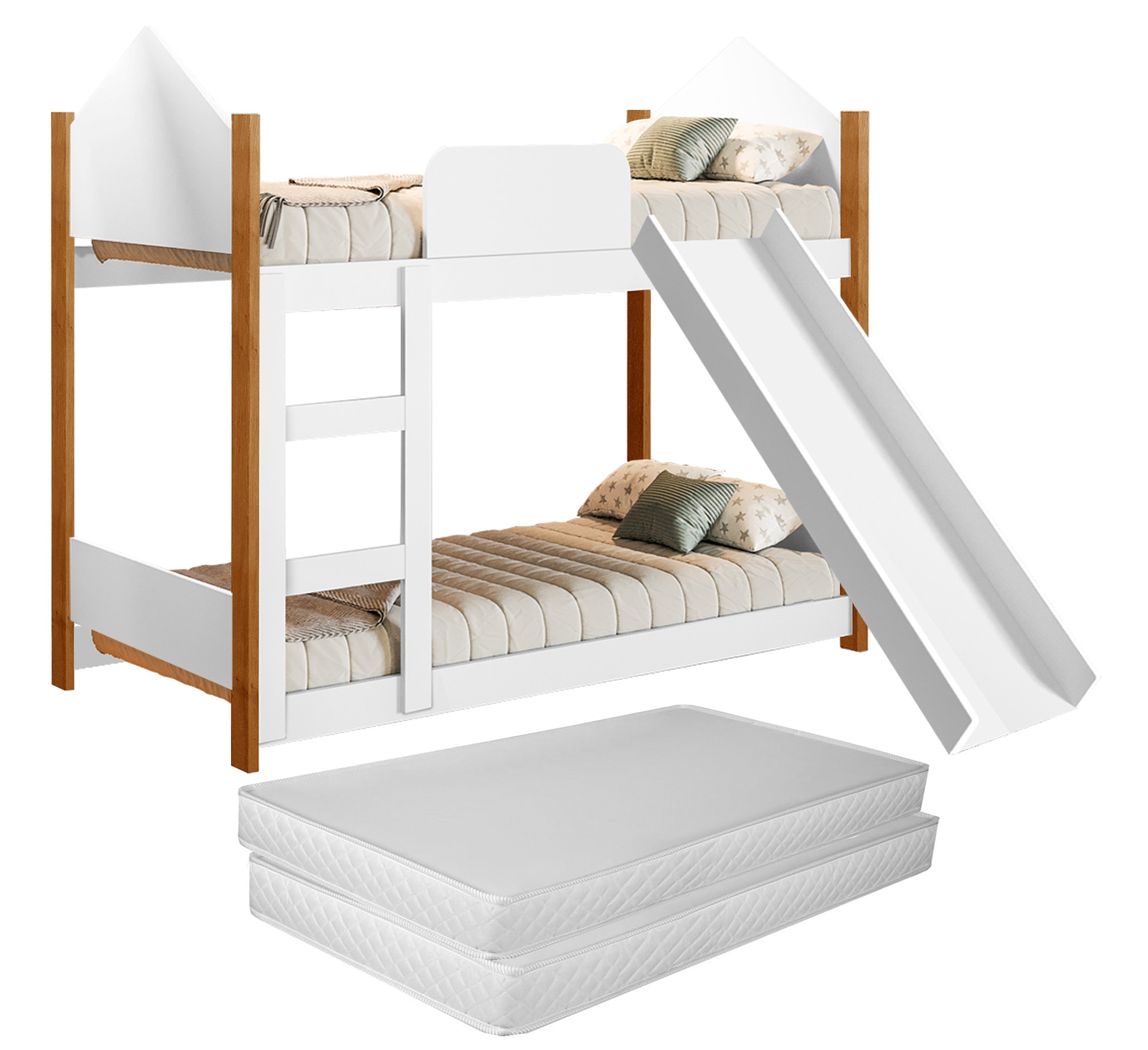 Cama Infantil Beliche Magia para Crianças Quarto Grade Proteção Escorregador e 2 Colchões Cor Branco