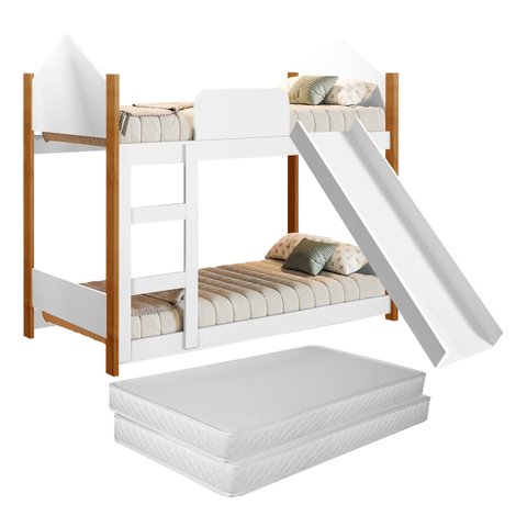 Cama Infantil Beliche Magia para Crianças Quarto Grade Proteção Escorregador e 2 Colchões Cor Branco