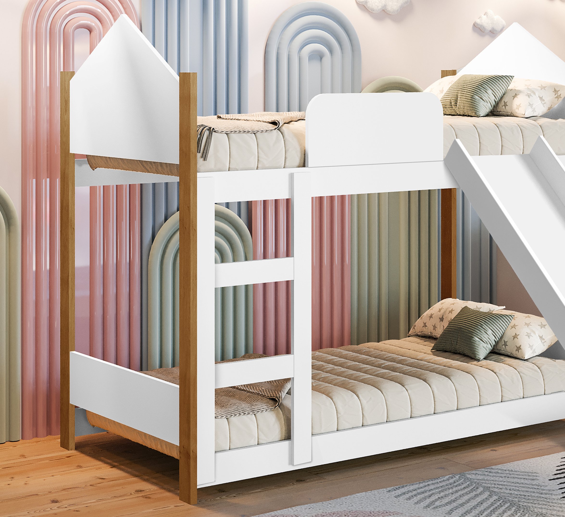 Cama Infantil Beliche Magia para Crianças Quarto Grade Proteção Escorregador e 2 Colchões Cor Branco - 3