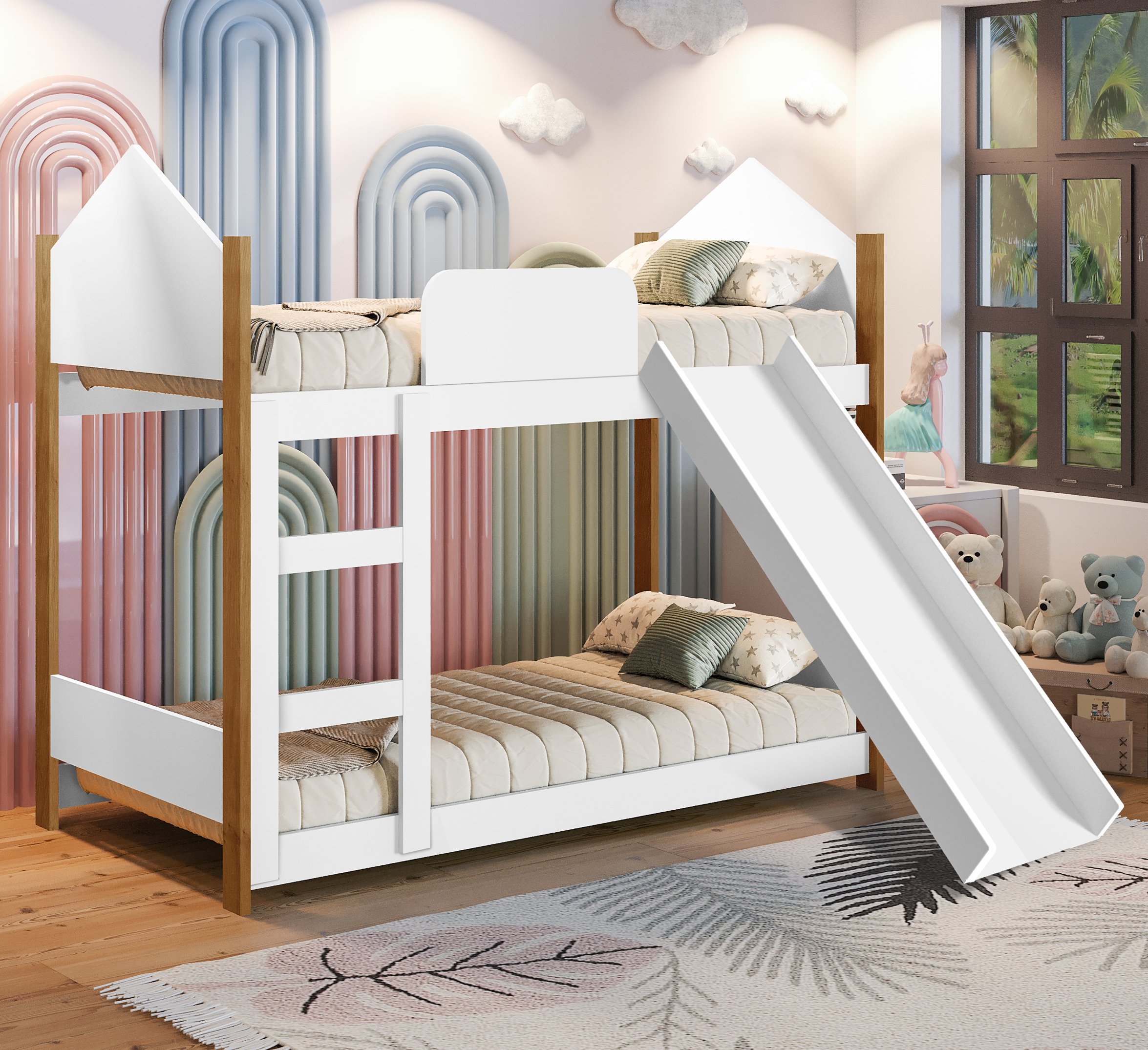 Cama Infantil Beliche Magia para Crianças Quarto Grade Proteção Escorregador e 2 Colchões Cor Branco - 2