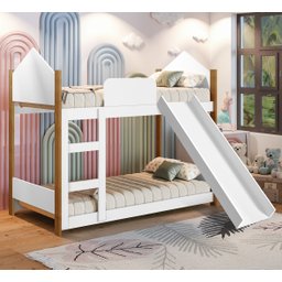 Cama Infantil Beliche Magia para Crianças Quarto Grade Proteção Escorregador e 2 Colchões Cor Branco - 2