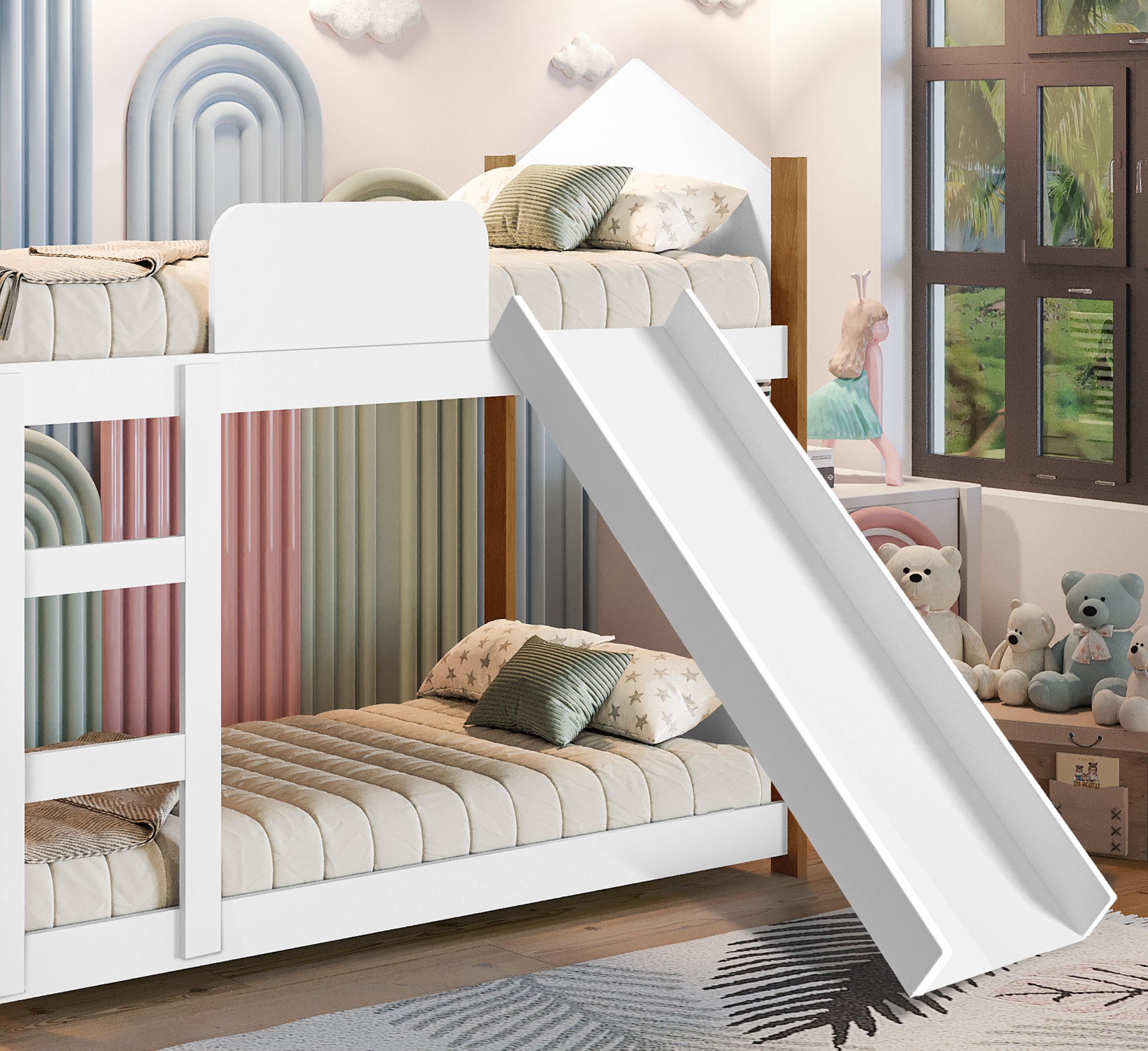 Cama Infantil Beliche Magia para Crianças Quarto Grade Proteção Escorregador e 2 Colchões Cor Branco - 4