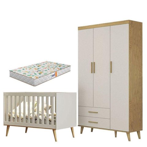 Berço Americano e Guarda Roupa Infantil Ludmila Off White Bétula com Colchão Gazin - Carolina