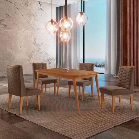 Mesa de Jantar Copper 120cm Tampo Mdf 4 Cadeiras Moderna Veludo Marrom/naturalle/naturalle