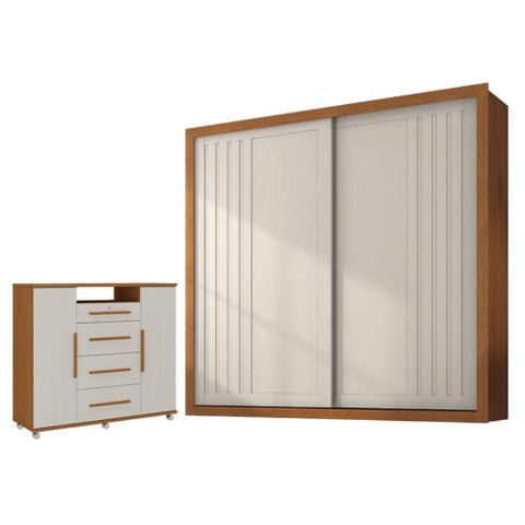 Guarda Roupa Casal Versalles 2 Portas e Cômoda Sapateira Versátil 4 Gavetas Areia Fosco -Zanzini