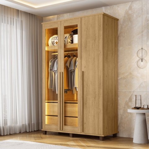 Guarda-Roupas Milão 3 Portas com 2 Portas Reflecta LED e 2 Gavetas Internas Cinamomo