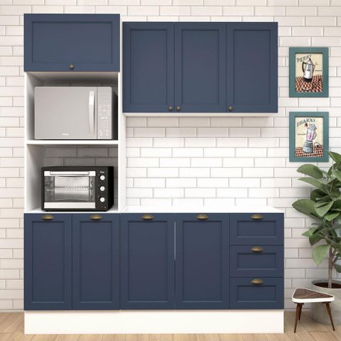 Cozinha Modulada Aurora 190cm Conjunto Clássico Provençal Cor:branco com Azul