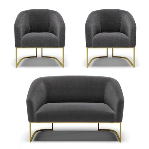 Sofá Namoradeira e 2 Poltronas Base Industrial Dourado Stella Bouclê D03 - D'Rossi Cor Grafite