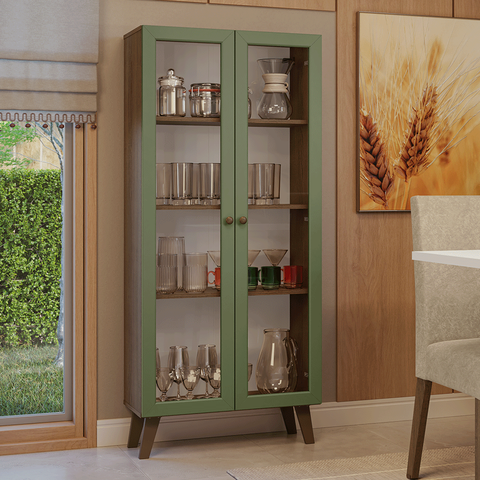 Cristaleira 70 cm 2 Portas de Vidro com Pés Trapézio Rustic-Verde-Rustic Vik Madesa