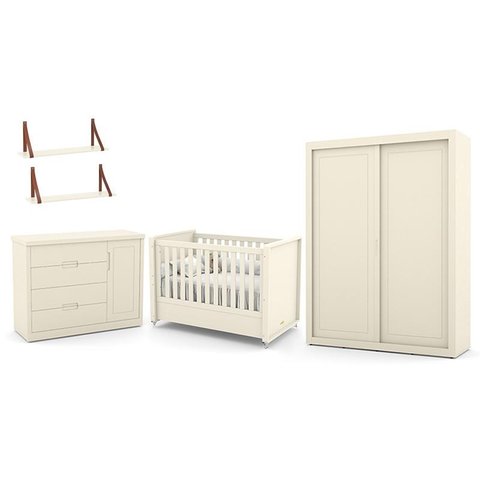 Dormitório Tutto New 2 Portas, Cômoda 1 Porta, Berço Off White e Prateleiras - Matic Móveis
