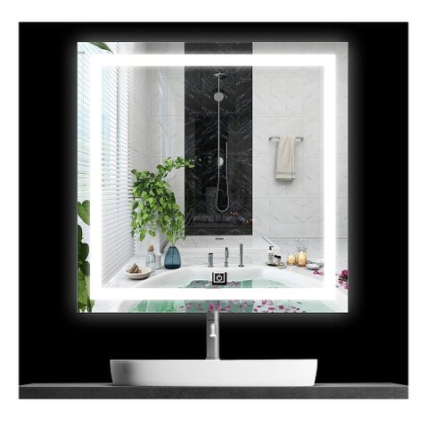Espelho Jateado Quadrado Iluminado com Led Frio e Touch 80x80cm