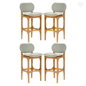 Kit 4 Banquetas Alta Estofada Rafine Madeira Maciça Castanho Linho Verde