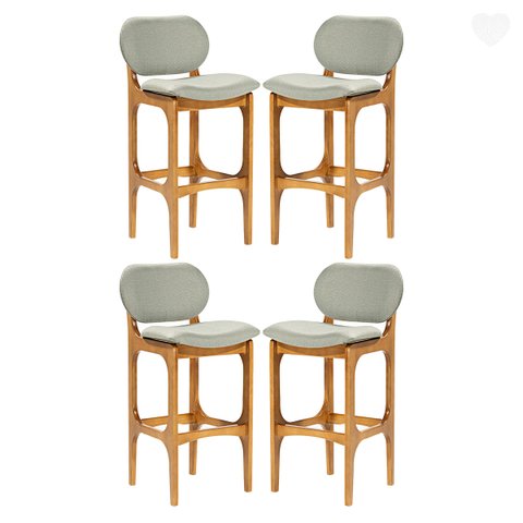 Kit 4 Banquetas Alta Estofada Rafine Madeira Maciça Castanho Linho Verde