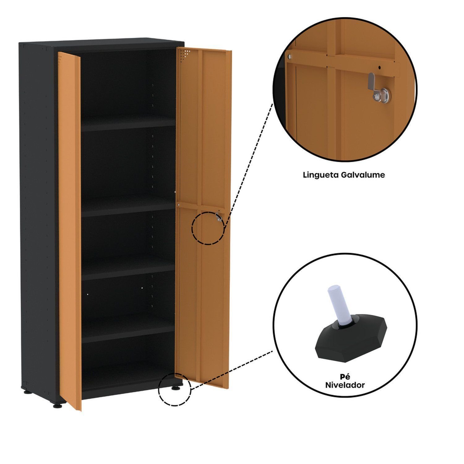 Armário de 2 Portas com Chave 4 Prateleiras AP402 Aço Cinza/Preto