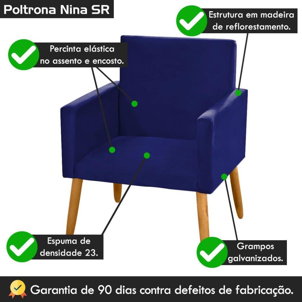 Kit 4 Poltronas Nina Decorativa P/ Sala SuedeAzul Marinho - 3