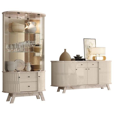 Aparador para Sala Buffet Mônaco e Cristaleira Moss Calacata Off White - Madetec