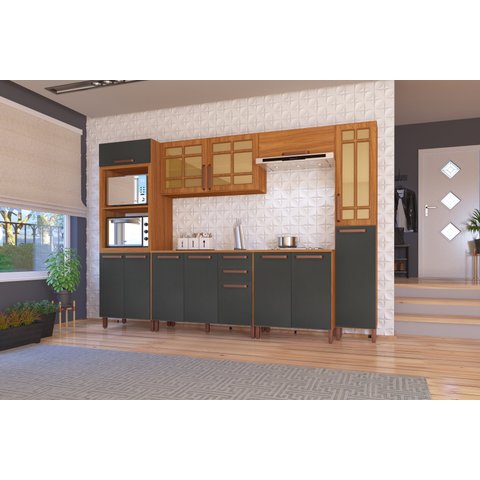 COZINHA COMPLETA PREDILLETA ALINE MODULADA 6 PECAS 305 CM 13 PORTAS 2 GAVETAS COM TAMPO FREIJO CHUMB