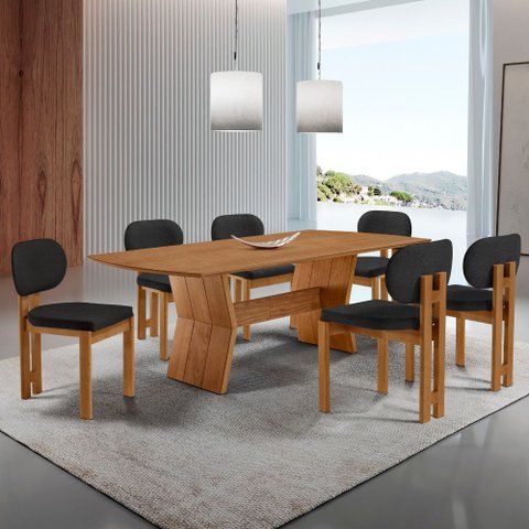 Sala de Jantar Mesa Portugal 180cm Tampo Laminado Barril e 6 Cadeiras Nala Moderna Mobília